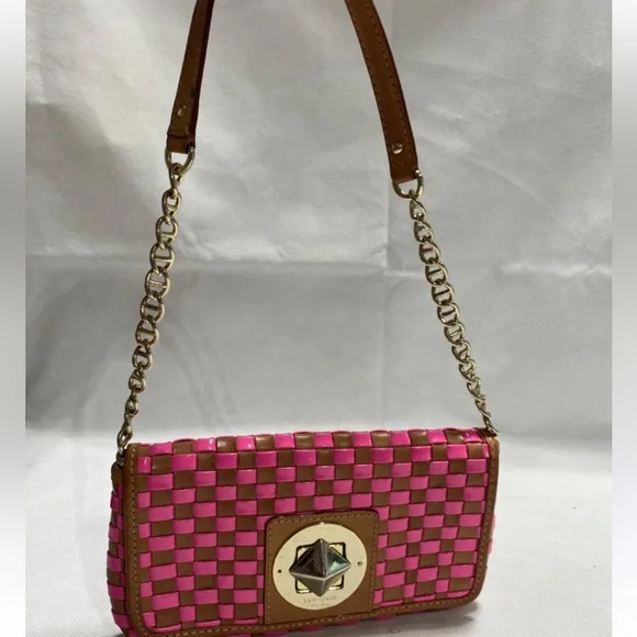KATE SPADE VTG Pink Poly & Leather Woven Turn Lock Chain Clutch Shoulder Handbag - Picture 6 of 7